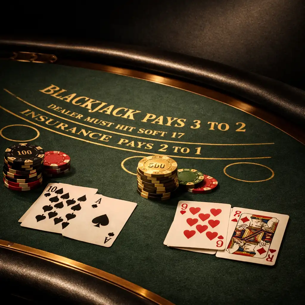 Zbliżenie na stół do blackjacka z kartami i żetonami w ciepłym, złotym świetle