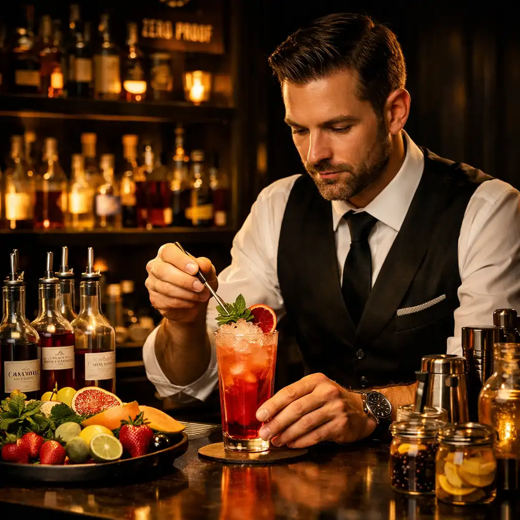 Elegancki bar bezalkoholowy z barmanem przygotowującym mocktail