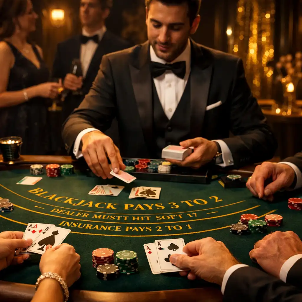 Stół do blackjacka podczas eleganckiej gali firmowej z gośćmi w formalnych strojach i krupierem w smokingu