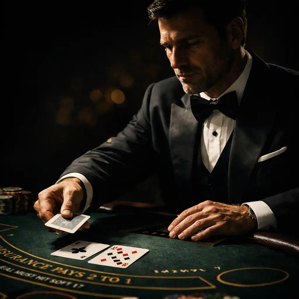 Profesjonalny krupier w stroju black-tie rozdaje karty przy stole do blackjacka w ciemnej, kinowej scenerii