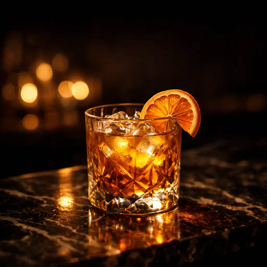 Rzemieślniczy mocktail w kryształowej szklance na ciemnym marmurowym barze, z ciepłymi bursztynowymi refleksami