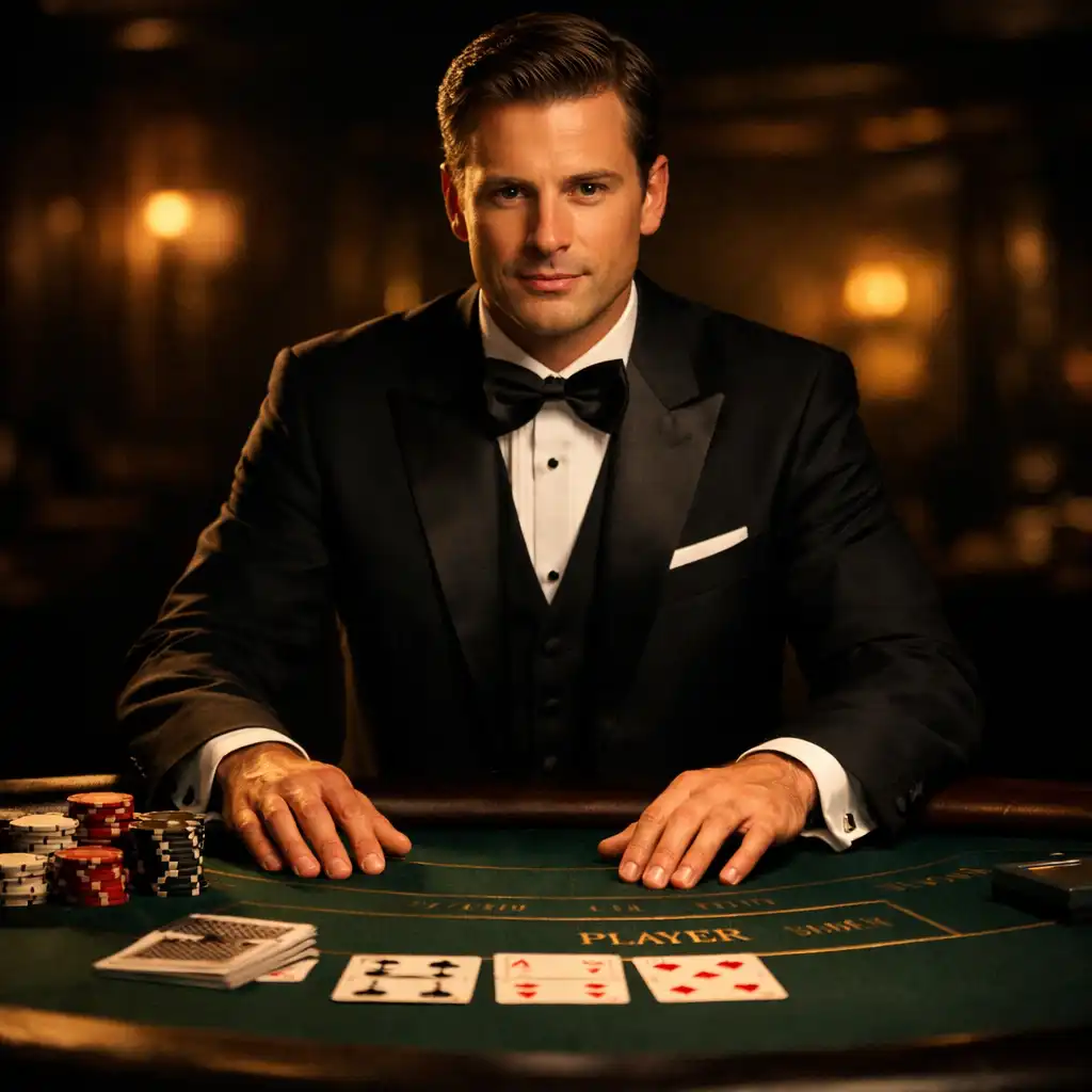 Licencjonowany krupier w stroju black-tie stojący przy stole do gry