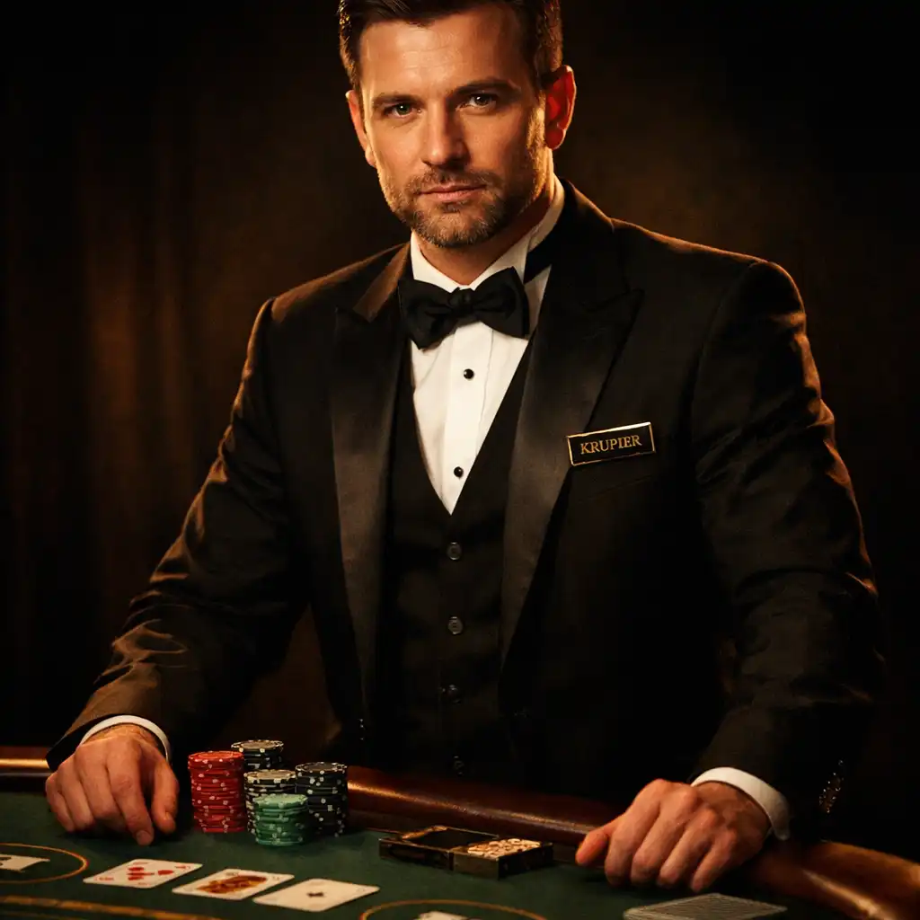 Portret licencjonowanego krupiera w smokingu przy stole do gry