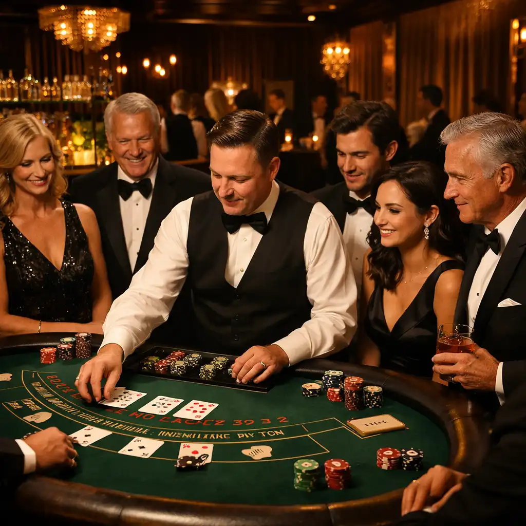 Gala korporacyjna w eleganckiej sali bankietowej z gośćmi przy stole do blackjacka