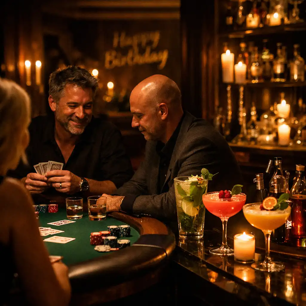 Prywatna uroczystość urodzinowa VIP — stół do pokera i bar mocktailowy