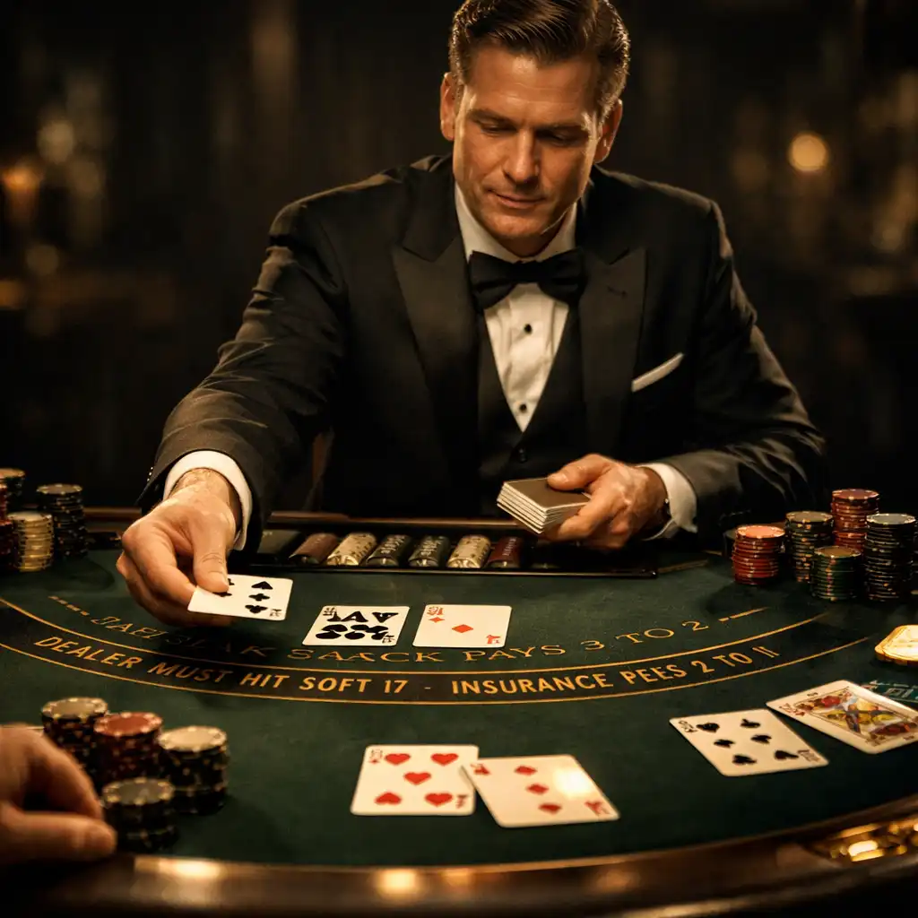 Stół do blackjacka z półokrągłym układem i profesjonalnym mieszadłem do kart