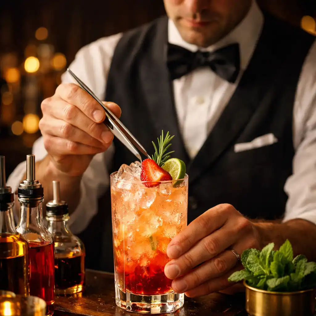 Rzemieślniczy bar mocktail na ekskluzywnym przyjęciu VIP, barman przygotowuje bezalkoholowy koktajl